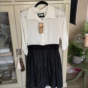 Emmelee for F.C. Two-Tone Long-Sleeve Collared Dress in White and Black